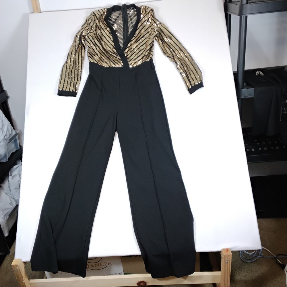 Fashion Nova Womens 1XL Black Gold Sequin Long Sleeve Wide Leg Jumpsuit Party